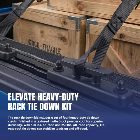 Close-up of black cleat from Rack Tie Down Kit For T Slot Rails Four Pack With Beefy Cleats And Adjustable Bases on truck bed