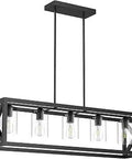 Five Light Matte Black Farmhouse Dining Room Light Fixture With Adjustable Height And Rectangular Shape, Thickened Metal Frame Chandeliers