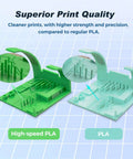 Comparison of high-speed PLA with regular PLA, showcasing superior print quality and precision of Rapid PLA Filament Ruby Red 1.75mm 1kg Spool For Ultra Fast 3D Printing Up To 500mm Per Second With Precise Dimensional Accuracy Plus Or Minus 0.02mm For Smooth Consistent Pro Grade Prints.