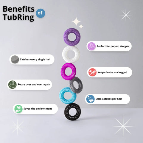 Benefits of TubRing hair catcher for shower drain and bathtub, reusable silicone stopper and strainer in various colors.