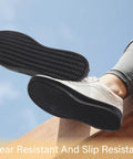 Full Soles Rubber Replacement For Sneakers And DIY Shoes Wear Resistant With Raised Grain Non Slip Pad For Grippy Kicks Black 1 Pair 302x107x23 mm Durable installed on sneakers, showing raised grain pattern.