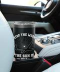 Fly High Sailplane Themed Stainless Steel Insulated Tumbler in car cup holder, featuring sailplane design for aviation fans.
