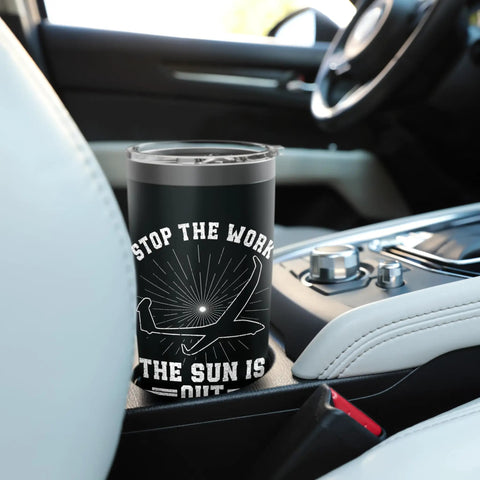 Fly High Sailplane Themed Stainless Steel Insulated Tumbler in car cup holder, featuring sailplane design for aviation fans.