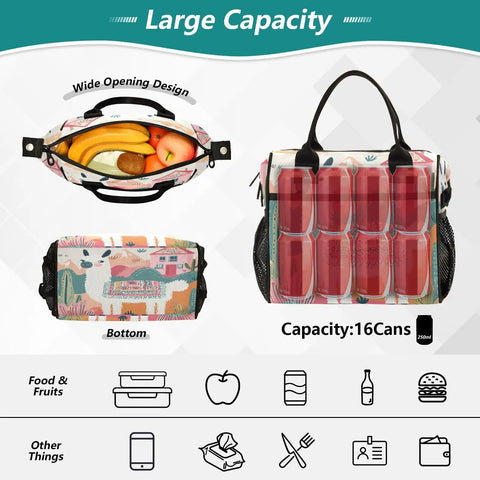 Desert Beige Insulated Lunch Bag for Women and Men with wide opening, showing fruit inside, reusable cooler tote design