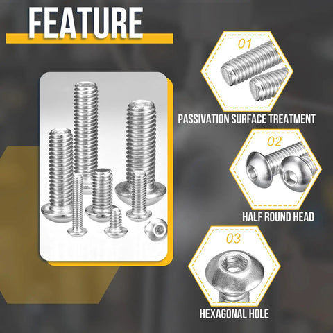 Heavy Duty M3 Button Head Socket Cap Screws 60 Pack Coarse Thread 55mm Long 304 Stainless Steel displayed with features.