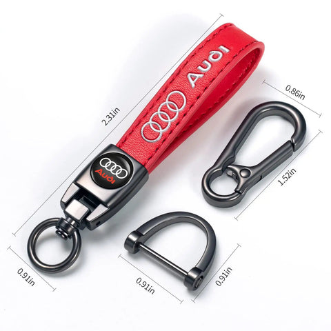 Red Leather Car Keychain For Audi A1 A3 RS3 A4 A5 A6 A7 RS7 A8 Q3 Q5 Q7 R8 With Durable Zinc Alloy Accents on white background