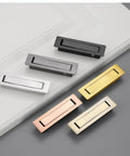 Sleek Two Pack Recessed Pocket Door Pulls With Zero Fuss Flush Mount Design And Comfortable Finger Groove For Seamless Sliding Interior Doors And Modern Home Furniture In Brushed Brass in multiple finishes.