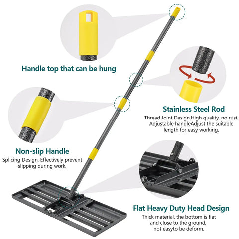 Heavy Duty Lawn Leveling Rake For Yard And Garden 26 By 25 Inch Leveler With 5 Foot Adjustable Spread Peat Moss Spreader