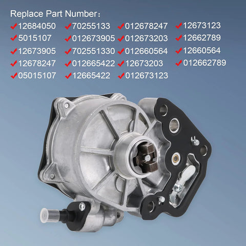 Brake vacuum pump with gasket for GM vehicles; silver aluminum body with black mounting plate (front view)