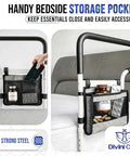 Sturdy Bed Safety Rails With LED Light, Storage Pouch And Adjustable Bed Cane next to bed with non slip handle and pocket