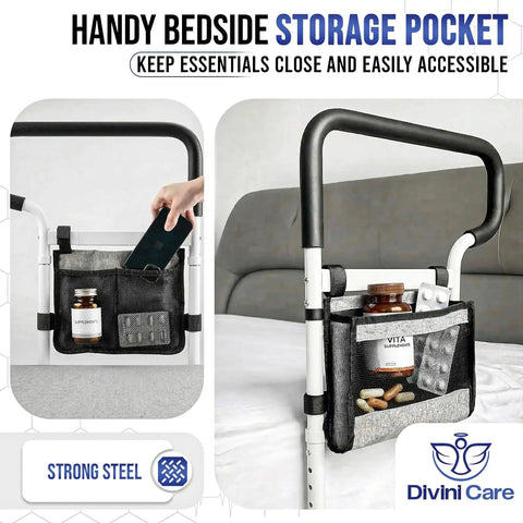 Sturdy Bed Safety Rails With LED Light, Storage Pouch And Adjustable Bed Cane next to bed with non slip handle and pocket