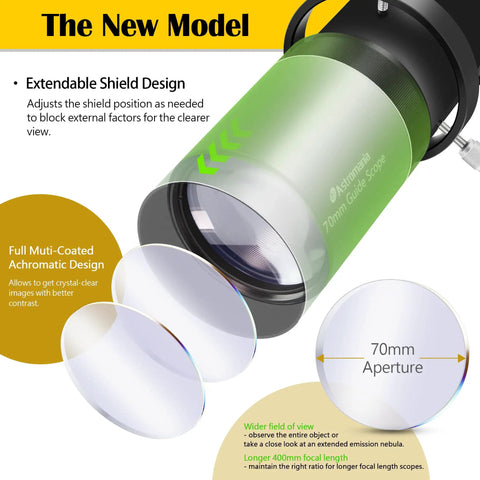 Upgraded 70mm FMC Guide Scope Kit With Double Helical Focuser showing extendable shield design and lens details for astrophotography