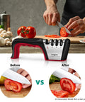 4 Stage Knife Sharpener For All Blades And Scissors With Cut Resistant Glove in kitchen setting, tomatoes being sliced