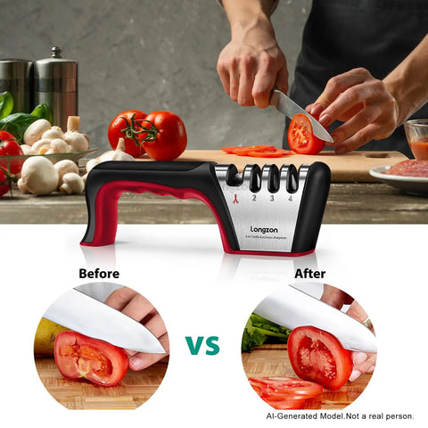 4 Stage Knife Sharpener For All Blades And Scissors With Cut Resistant Glove in kitchen setting, tomatoes being sliced
