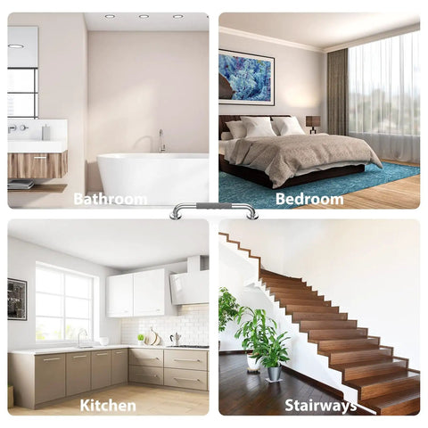 Image showing application of 12 Inch Shower Grab Bars For Bathroom Safety, Anti Slip Stainless Steel Rails For Elderly Seniors Handicap And Pregnant Women, Rust Proof For 10 Years, Gray Finish, 1 Pack in bathroom, bedroom, kitchen, and stairways.
