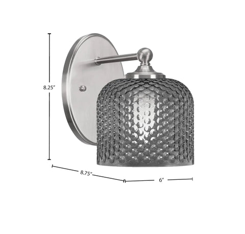 Capri Wall Sconce Brushed Nickel Finish, 6" Smoke Textured Glass featuring 8.25" height and 6" diameter shade.