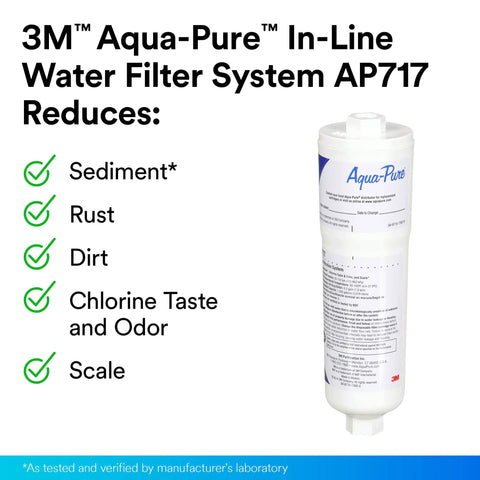 3M Aqua-Pure inline water filter with text on chlorine taste and odor reduction