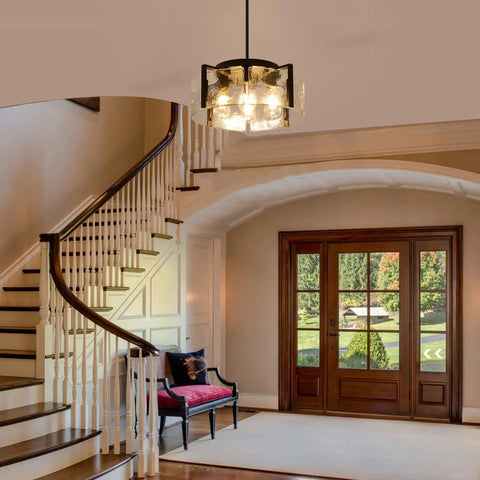 Get The Low On This Badass Matte Black 4 Light Adjustable Chandelier With Metal Frame To Drop Some Serious Glow Over Dining Tables Kitchen Islands Bedrooms Or Bathrooms Today in entryway with staircase.