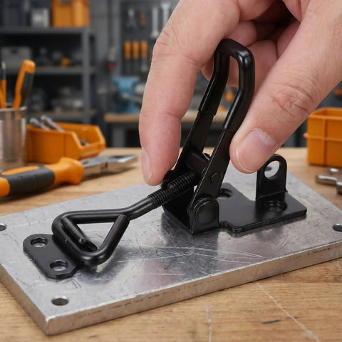 Close-up of Heavy Duty Toggle Clamp Latch Set being secured on metal plate with a hand, featuring adjustable quick release hasp.