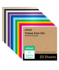 Value Iron-On Rainbow Sampler HTV Set, 12x12 Inch Sheets, 20 Count, vibrant colors fanned out for easy weeding and durable use.
