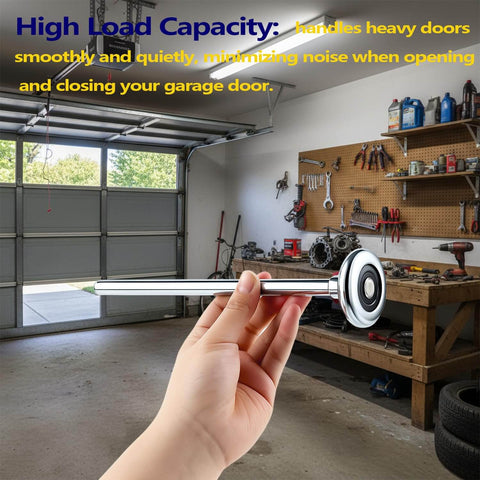 Person holding Ten Pack Nine-Inch Long Stem Steel Garage Door Roller in workshop, highlighting heavy-duty commercial grade design.