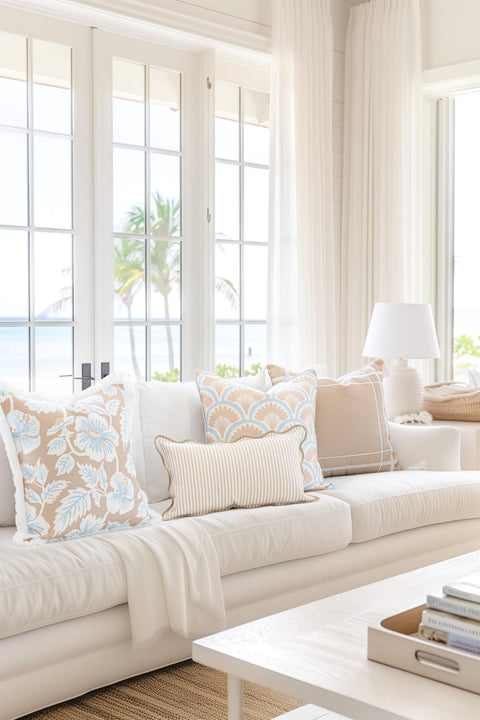 Coastal Lumbar Pillow Cover 12x20 Inches, Water-Repellent Indoor Outdoor, Scalloped Edge, Neutral Tan Stripe Pattern on couch