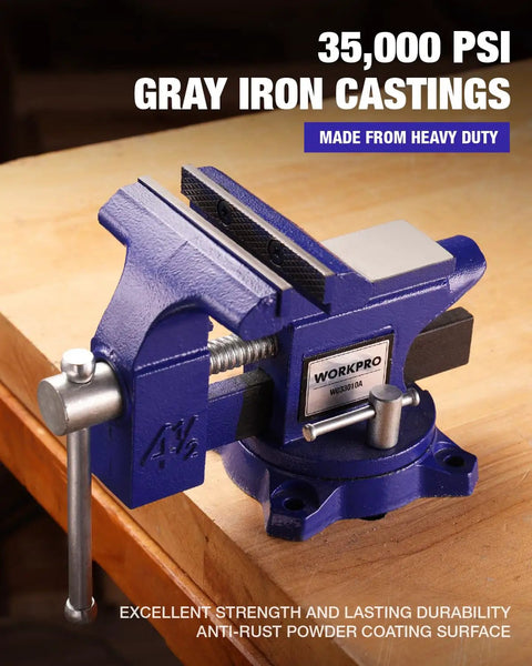 Heavy Duty 4.5 Inch Bench Vise With Multi Jaw For Flat Materials And Pipes Built Tough In Gray Iron on workbench