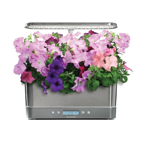 Petunia Cascading Seed Pod Kit For Indoor Hydroponic Garden, 6 Pod Pack growing in a sleek hydroponic planter with pink and purple flowers.
