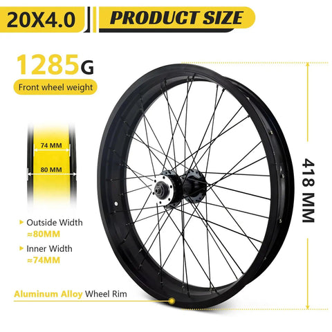 Fat Tire Front Wheel Set For Snow And Beach Biking Fits 20 Or 26 Inch 4 Inch Fat Tire Quick Release 9x135mm 36H Aluminum Alloy Disc Brake Rim Wide Tire Ready For E Bikes And Beach Bicycles visible in product dimension and construction detail, showing 80mm outer width and 418mm height.