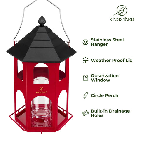 Heavy Duty Metal Bird Feeder For Outdoor Hanging With Circular Perch, Squirrel Proof Chew Proof Design, Weatherproof Red