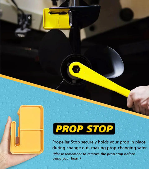 Pro Grade 1-1/16 Inch Boat Prop Wrench And Prop Stop Block Kit in use securing propeller on outboard engine