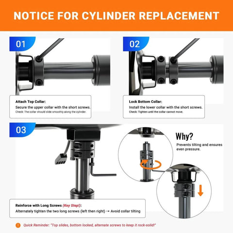 Instruction steps for Heavy Duty 28mm Gas Lift Cylinder Removal Kit For Office Chairs, including collar and screw placement.