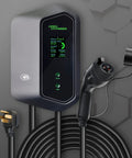 Heavy Duty Level 2 EV Charger 48 Amp Wall Mount Station with J1772 Plug and Tesla NACS Adapter showing display and 30 FT cord.