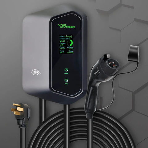 Heavy Duty Level 2 EV Charger 48 Amp Wall Mount Station with J1772 Plug and Tesla NACS Adapter showing display and 30 FT cord.