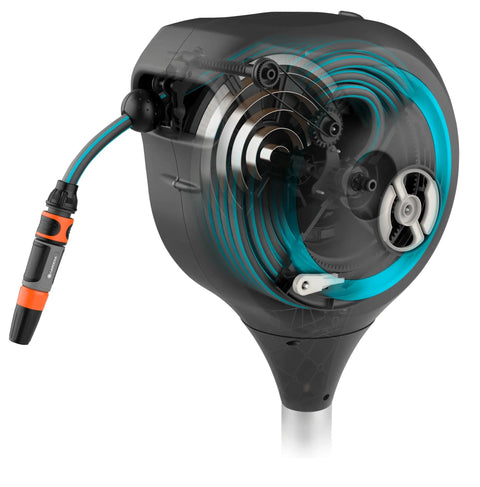 Close-up of Automatic Retractable Garden Hose Reel With 50 Feet Of Easy Retracting Hose 360 Degree Swivel Metal Spike Base UV