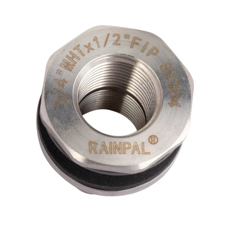Top view of Beefy Heavy Duty Stainless Steel Bulkhead Tank Fitting 304, 1/2 Inch NPT Female On Both Ends To 3/4 Inch Garden Hose Male