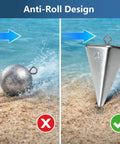 Comparison of round and pyramid sinkers on sand, highlighting Six Pack 4 Oz Pyramid Fishing Sinkers For Surf Casting And Saltwater Beach Fishing Anti Roll Triangle Lead Weights With Strong Hold For Long Distance Casting And Reliable Shoreline Tackle For Saltwater Anglers.