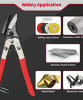 Left Cut Tin Snips 10 Inch Aviation Snips Beefy Heavy Duty Sheet Metal Cutter With Safety Lock And Non Slip Handle CRV Steel Sharp Teeth Metal Shears For Cutting Metal Sheets shown with various applications including steel and aluminum sheets.