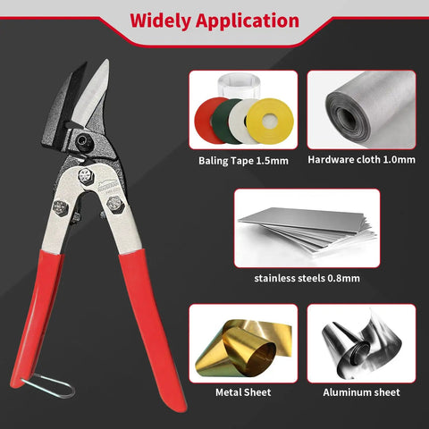 Left Cut Tin Snips 10 Inch Aviation Snips Beefy Heavy Duty Sheet Metal Cutter With Safety Lock And Non Slip Handle CRV Steel Sharp Teeth Metal Shears For Cutting Metal Sheets shown with various applications including steel and aluminum sheets.