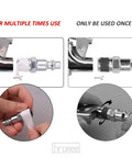 Pipe fitting comparison for Extended Tank Drain Kit With 10 Inch Braided Steel Hose, showing multiple use and single-use application.