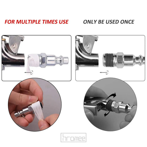 Pipe fitting comparison for Extended Tank Drain Kit With 10 Inch Braided Steel Hose, showing multiple use and single-use application.