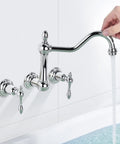 Vintage Tub Faucet Wall Mount 3 Hole 8 Inch Center Chrome Finish Solid Brass Construction Drip Free One Quarter Turn Ceramic Disc Cartridge 9.6 Inch Spout Reach Retro Bath Upgrade