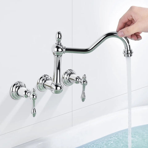 Vintage Tub Faucet Wall Mount 3 Hole 8 Inch Center Chrome Finish Solid Brass Construction Drip Free One Quarter Turn Ceramic Disc Cartridge 9.6 Inch Spout Reach Retro Bath Upgrade