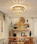 K9 Crystal 3-Light Two-Tier Flush Mount Ceiling Light Fixture, Sleek Modern Chandelier For Bedroom, Dining Room, Living Room, LED Compatible, 9-Inch H X 10-Inch Dia elegantly illuminates a stylish dining room.