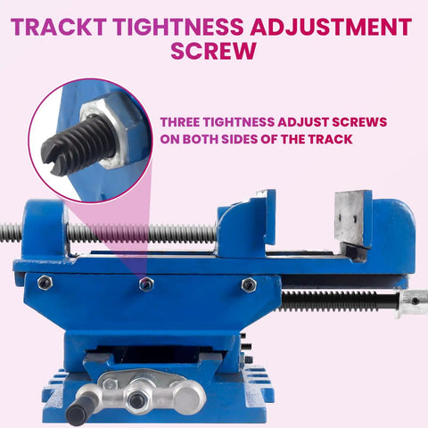 Built Like A Tank 6 Inch Cross Slide Drill Press Vise Heavy Duty Cast Iron showing track tightness adjustment screws.