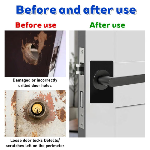 Before and after using Matte Black Door Knob And Deadbolt Reinforcement Plate Kit 2 Pack Universal Door Lock Fixing Plate