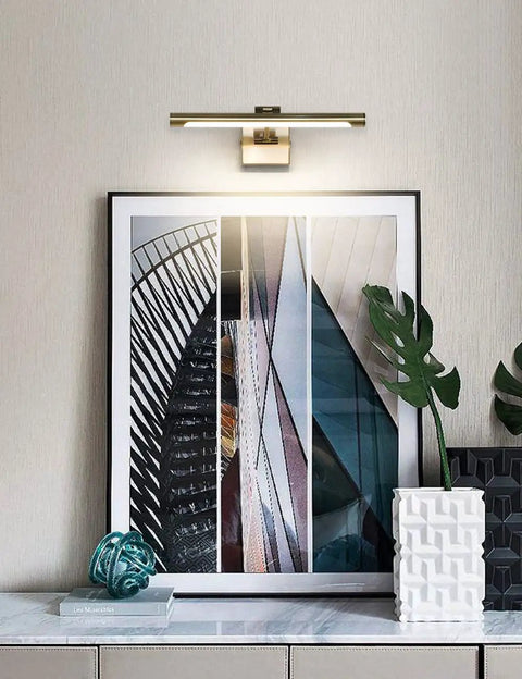 LED Picture Light For Paintings Bronze Finish 16.5 Inch Swing Arm Wall Light 7W Gallery Hallway Lighting Over Pics Hardwired 3000K Warm White CRI Over 80 Bright 630 Lumens, mounted over framed artwork.