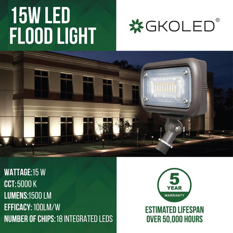 15W LED Outdoor Flood Light For Security, 1500 Lumens, 5000K Daylight White, mounted on building