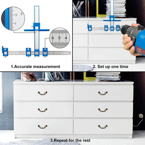Fast Setup Cabinet Hardware Jig With Punch Locator Drill Guide And Dowelling Template used on dresser drawers