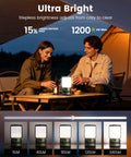 Couple using Ultimate Super Bright Rechargeable Camping Lantern Flashlight With Built In Power Bank at campsite table.